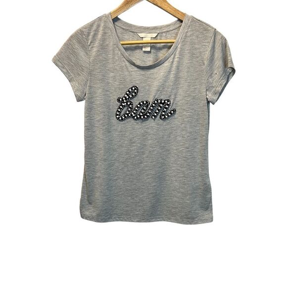 NWOT H&M Grey Beaded “Bam” Graphic Short Sleeve Crew Neck Short Sleeve Top S - Picture 1 of 8